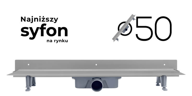Stalowy odpływ przyścienny VOGI Standard ST z najniższym syfonem na rynku.