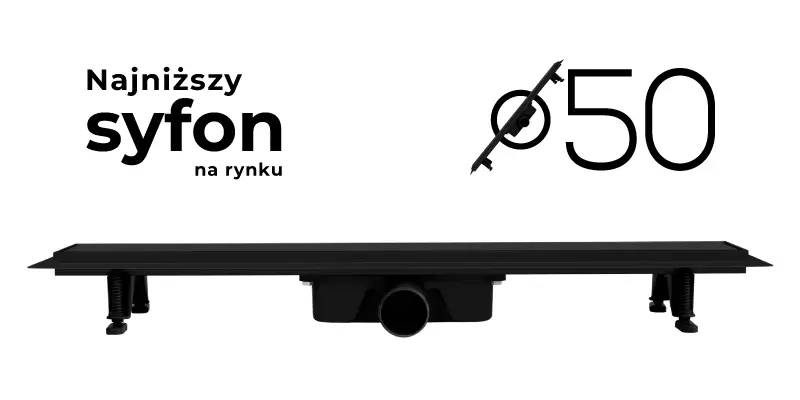 Czarny odpływ liniowy VOGI Standard ST ze stali nierdzewnej z syfonem fi 50.