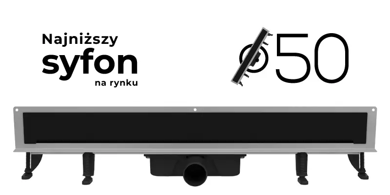 Grafika produktowa przedstawiająca czarny ścienny odpływ liniowy marki Vogi z widocznym niskim syfonem fi 50 i napisem "Najniższy syfon na rynku Ø50"