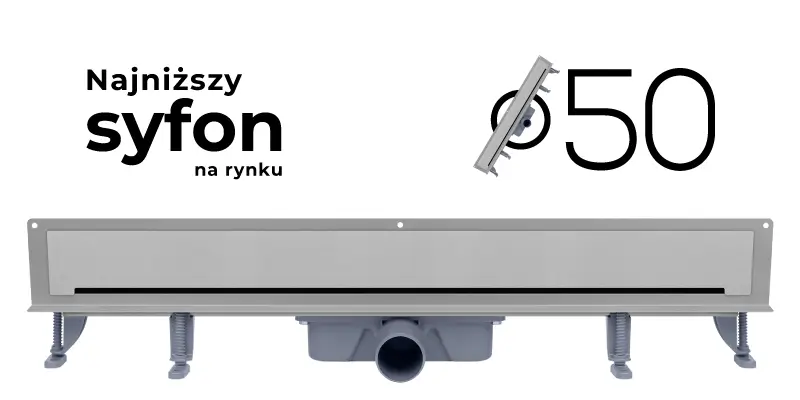 Ścienny odpływ liniowy Vogi ze srebrnym rusztem ze stali nierdzewnej, z widocznym podwójnym syfonem fi 50 i informacją o najniższym syfonie na rynku.